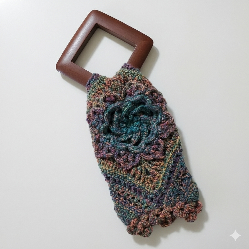 Handmade 4x6" Crochet Bracelet Purse Wood Wool Nylon Flower Boho Phone Fits